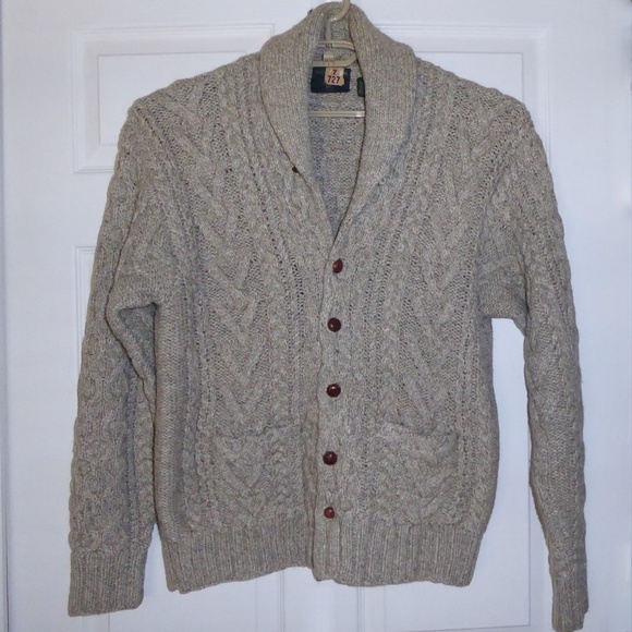 MENS VTG GRANDPA CARDIGAN SWEATER HAND KNIT BEIGE SHAWL COLLAR WOOL SILK CABLE M - Picture 1 of 9